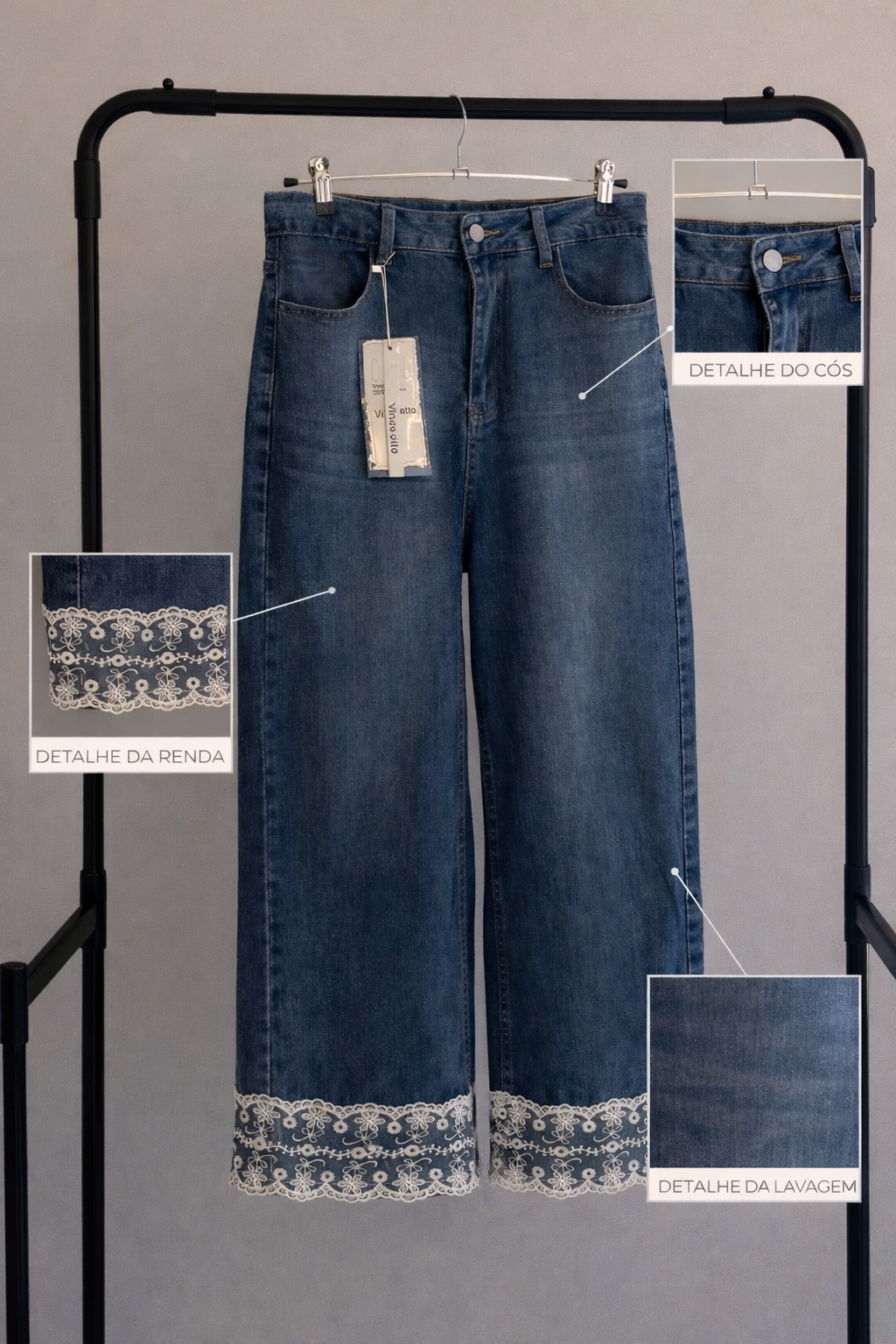 Calça jeans wide leg renda